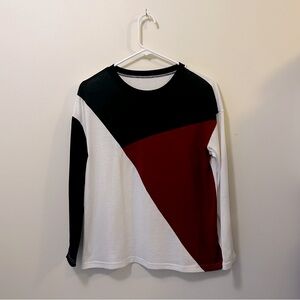 Asymmetrical Color Block Red + Black + White Long Sleeve Tee Shirt